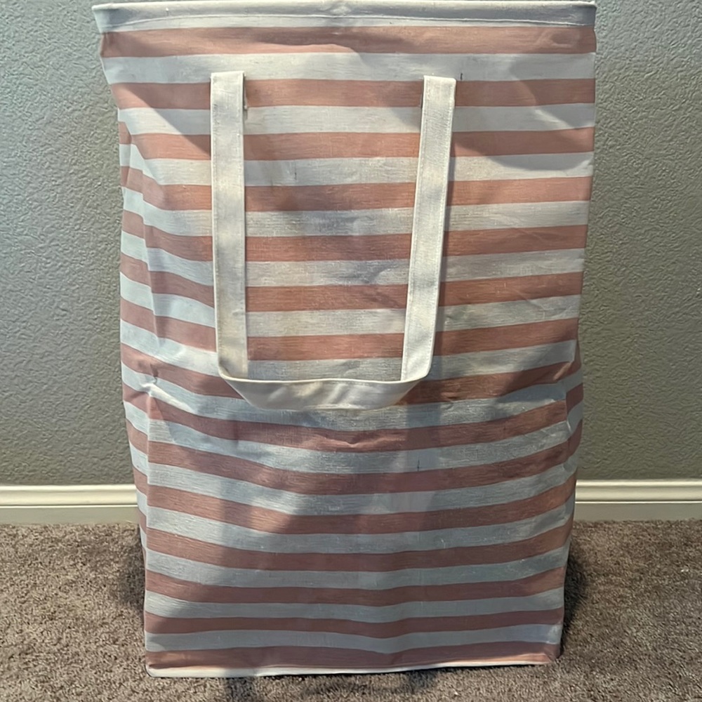 Pink and White striped Collapsible Laundry Hamper